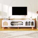Meuble tv - meuble tele avec porte en rotin porte coulissante en verre trois zones arques ouvertes blanc ...