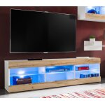 Meuble tv tivoli rtv komodee - led bleues - bois naturel et blanc - facades en mat - 140 x 41 x 35 cm ...