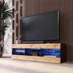 Meuble tv tivoli rtv komodee - led bleues - bois naturel et noir - facades en mat - 140 x 41 x 35 cm
