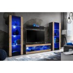Meuble tv tivoli set grande komodee - led bleues - bois naturel mat et noir - 250 x 159 x 35 cm