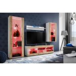 Meuble tv tivoli set medio komodee - led rgb - bois naturel mat et blanc - 195x159x35 cm Meuble tv tivoli set medio komodee - led rgb - bois naturel mat et blanc - 195x159x35 cm