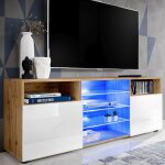 Meuble tv urbino komodee - led bleues - blanc brillant et bois naturel - facades en brillant - 140 x ...