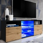 Meuble tv urbino komodee - led bleues - bois naturel mat et noir - facades en matt - 140 x 53 x 35 cm ...