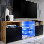 Meuble tv urbino komodee - led bleues - noir brillant et bois naturel - facades en brillant - 140 x 53 ...