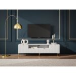 Meuble tv avec 2 portes, 2 tiroirs et 2 niches en mdf et acier - blanc et dor - yesinia