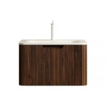 Meuble vasque int�gr�e mural 60cm - plan travertin rome tiroir pr� - assembl� - beige finition grain ...