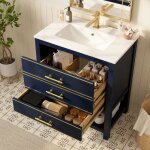 Meuble vasque avec lavabo c�ramique 2 tiroirs poign�es dor�es �tag�res ouvertes mdf bleu fonc� 66x46. ...