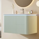 Meuble vasque mural 805 cm avec vasque 4 tiroirs et led � d�tection en mdf et c�ramique vert