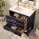 Meuble vasque salle de bain 76 cm noir bleu - vasque c�ramique int�gr�e 2 tiroirs + �tag�re ouverte poign�es ...