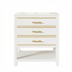 Meuble vasque salle de bain blanc vasque c�ramique 2 tiroirs + �tag�re mdf laqu� poign�es dor�es 76x46. ...