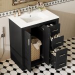 Meuble vasque sur pied 76x465x855 cm avec lavabo c�ramique 3 tiroirs 2 portes structure en mdf noir