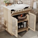 Meuble vasque sur pied 76x46x88 cm avec lavabo c�ramique 3 portes structure en mdf couleur naturelle