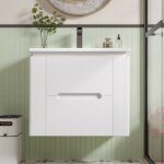 Meuble vasque suspendu salle de bain blanc 60x46x48. 5 cm avec led radar 2 tiroirs et vasque c�ramique ...