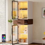 Meuble vitrine collection blanc bois 200 cm avec led portes verre 4 �tag�res et tiroir colonne de rangement ...