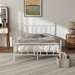 Meubliv lit adulte en m�tal 140x200cm avec sommier � lattes m�talliques blanc sans matelas