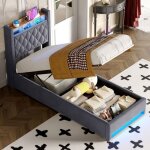 Meubliv lit coffre capitonn� 90x190 cm avec bande lumineuse led et recharge usb velours gris fonc�