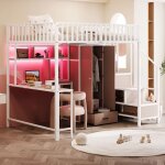 Meubliv lit mezzanine enfant 140x200 cm avec bureau armoire 1 tiroir led et ports usb / type - c m�tal ...