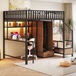 Meubliv lit mezzanine enfant 140x200 cm avec bureau armoire 1 tiroir led et ports usb / type - c m�tal ...