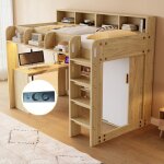 Meubliv lit mezzanine enfant 90x200cm avec bureau armoire meuble de rangement et �clairage led bois couleur ...