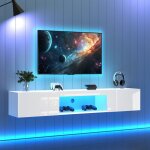 Meubliv meuble tv suspendu avec �clairage led 2 portes et contr�le bluetooth 160x31x22cm bois blanc