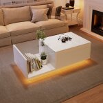 Meubliv table basse relevable avec rangement cach� et led 100�50�33 - 465 cm panneaux de particules blanc ...