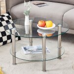 Meubliv table basse ronde 2 niveaux avec pieds m�tal dor� �70 / �60�h42 cm verre tremp� transparent et ...