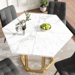 Meubliv table � manger hexagonale avec plateau mdf effet marbre et pieds m�tal r�glables 1102 x 954 x ...