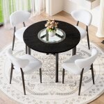 Meubliv table � manger ronde avec 4 chaises � dossier incurv� 100x100x76 cm m�tal + pu noir + blanc