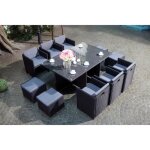 Miami 10 - salon de jardin encastrable 10 places fauteuils et poufs en r�sine tress�e noir et gris