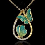 Mignon charme declaration goutte deau verte email double papillon pendentif collier bijoux pour femmes ...