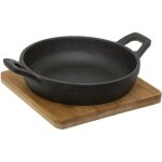 Mini plat en fonte rond + planche bambou presentation et cuisson