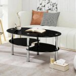 Mipan. table basse moderne en verre tremp� et m�tal ronde 90 cm x 50 cm x 43 cm montage facile - noir ...
