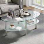 Mipan. table basse moderne en verre tremp� et m�tal ronde 90 cm x 50 cm x 43 cm montage facile - transparent ...