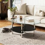 Mipan. table basse moderne en verre tremp� et m�tal ronde 90 cm x 50 cm x 43 cm montage facile - transparent ...