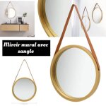 Miroir mural - bel - 40 cm - doré - similicuir - vintage - rond Miroir mural - bel - 40 cm - doré - similicuir - vintage - rond