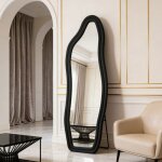 Miroir sur pied & mural 140x45 cm - noir velours forme dauphin asym�trique verre tremp�