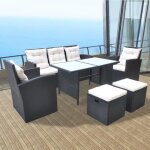 Mobilier  dner de jardin - rsine tresse - noir - 6 pices - coussins confortables - acier laqu