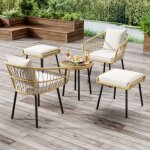 Mobilier de jardin 5 pi�ces en rotin naturel ensemble salon de jardin pour 4 personnes avec table chaises ...
