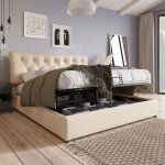 Modenuit lit coffre 160x200 lit double t�te rembourr�e r�glable grand rangement en lin beige (sans matelas) ...