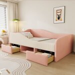 Modfu lit 90�190 cm avec tiroirs et barri�res de s�curit� tissu velours rose + cr�me