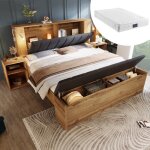 Modfu lit adulte capitonn� 160x200 cm avec rangement banc coffre lampe de lecture 2 chevets lin ch�ne ...