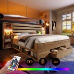 Modfu lit adulte lit double 180x200 cm avec t�te de lit de rangement tiroirs led et interface usb - c ...