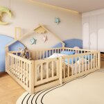 Modfu lit cabane enfant 140x190 cm avec garde - corps et porte pin naturel