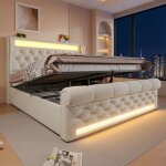 Modfu lit coffre capitonn� 140x200cm avec lumi�re led ports usb et type - c velours beige sans matelas ...
