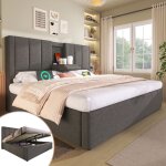 Modfu lit coffre capitonn� 140x200cm avec porte - gobelet dissimul� et station de recharge lin gris sans ...