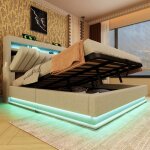 Modfu lit coffre capitonn� 180x200 cm avec usb lumi�re led et interface type - c lin beige sans matelas ...