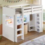 Modfu lit mezzanine enfant 90x200cm avec lumi�re led armoire 3 tiroirs et bureau pin blanc