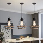 Mogod lot de 2 lustre industrielle vintage noir - e27 lampe suspension en cage forme de diamant en corde ...