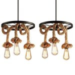 Mogod 2x lustre industrielle vintage à 3 e27 têtes - suspension en roue ø35cm avec corde de chanvre - ... Mogod 2x lustre industrielle vintage à 3 e27 têtes - suspension en roue ø35cm avec corde de chanvre - ...