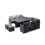 Monaco 10 - salon de jardin encastrable 10 places fauteuils et poufs en rsine tresse noir et gris